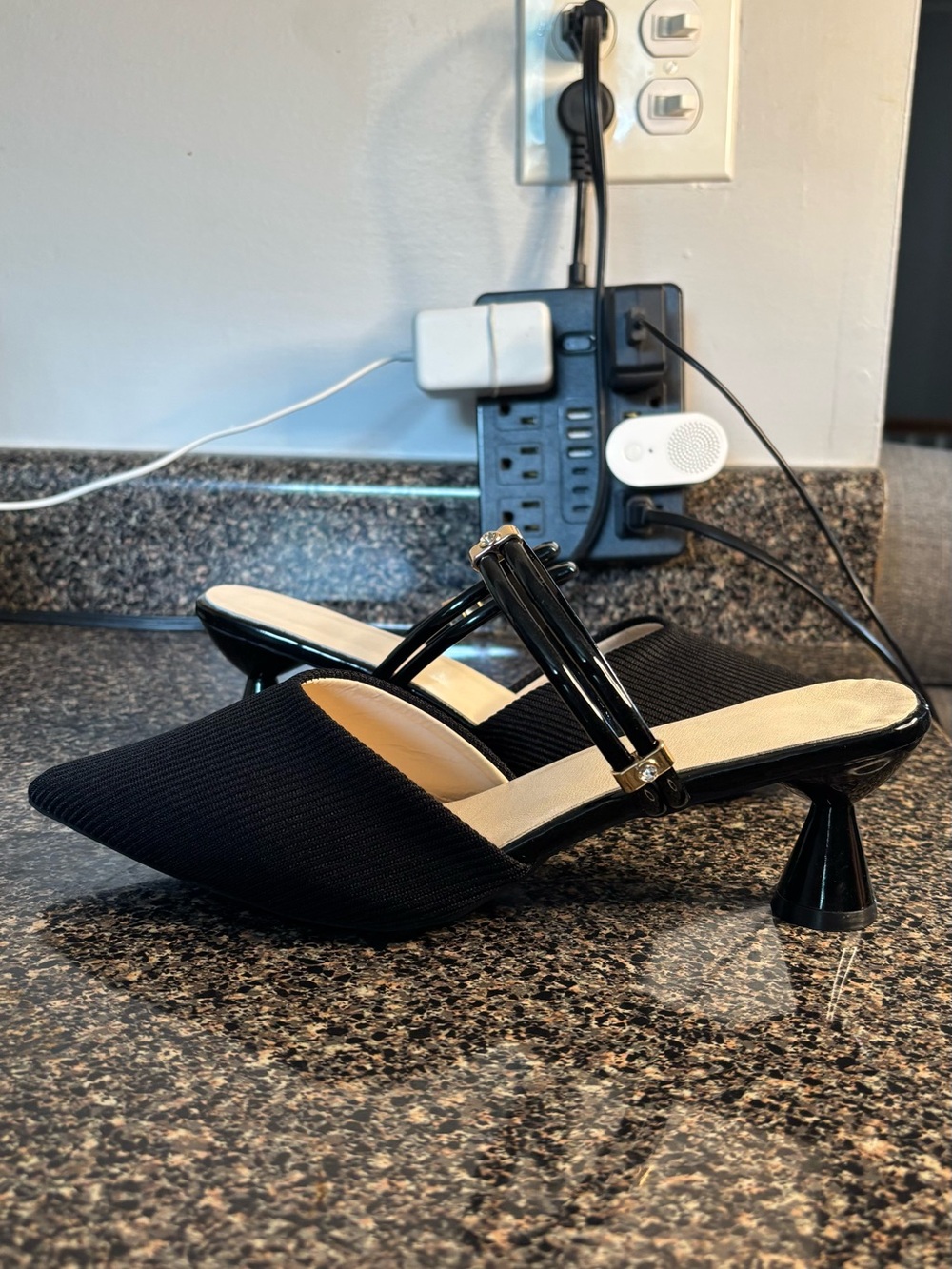 Pointed Toe Black Slingback Kitten Heel Mules